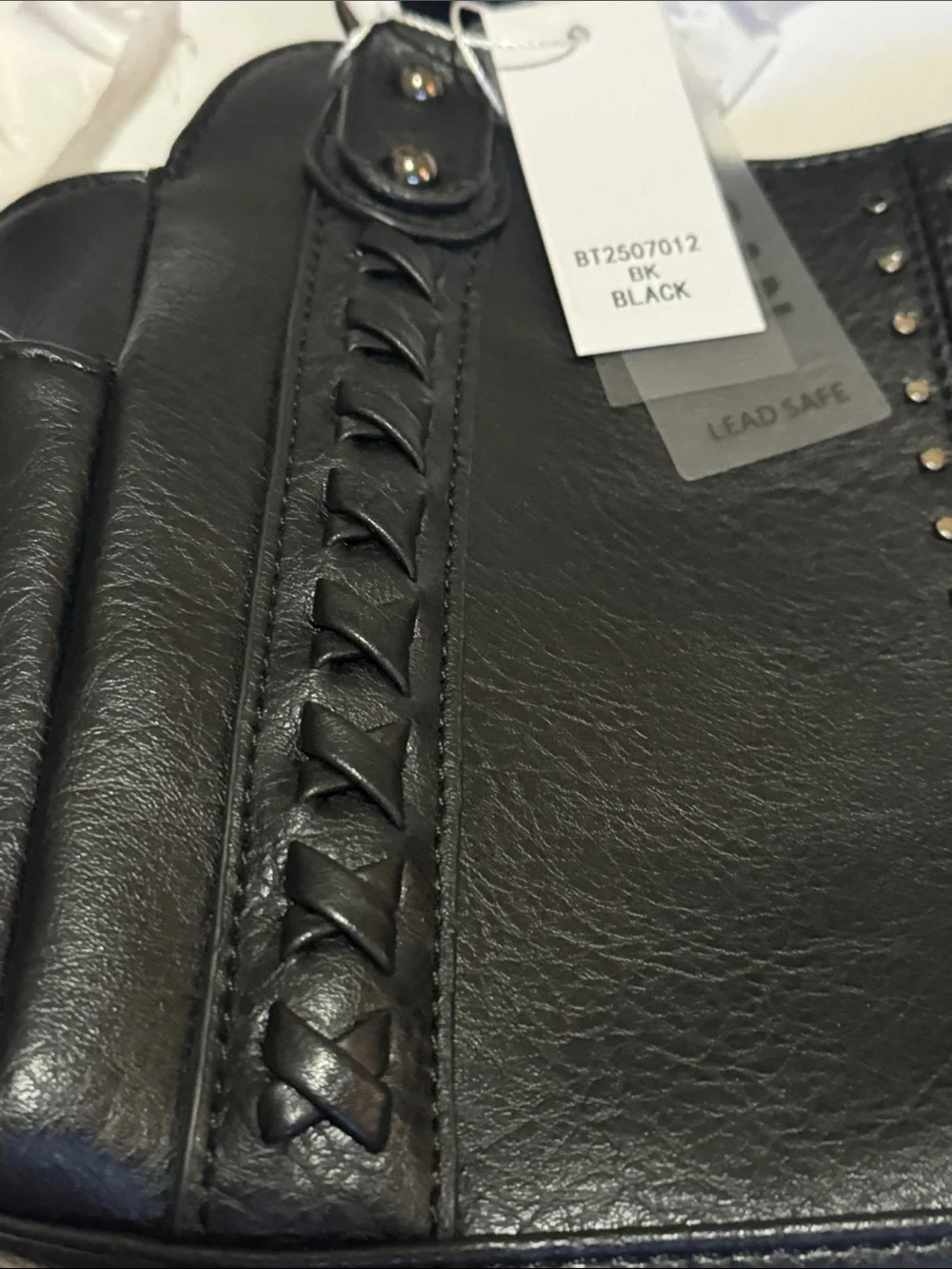 Structured Black Vegan Leather Shoulder Bag with Braided Trim